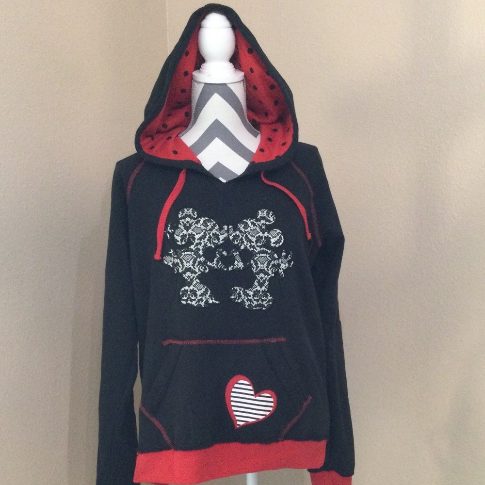 Disney Store Mickey Minnie Kissing Black Pullover Hoodie - Size Large - NWT